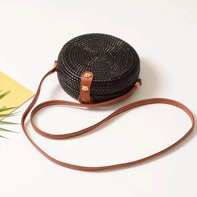 Round Straw Bag, Summer Style Women Bohemian Handbag Handmade Beach Circular Bag