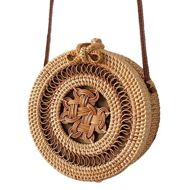 Round Straw Bag, Summer Style Women Bohemian Handbag Handmade Beach Circular Bag