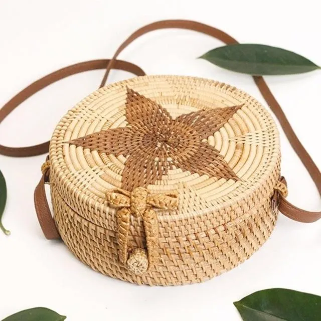 Round Straw Bag, Summer Style Women Bohemian Handbag Handmade Beach Circular Bag