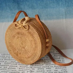 Round Straw Bag, Summer Style Women Bohemian Handbag Handmade Beach Circular Bag