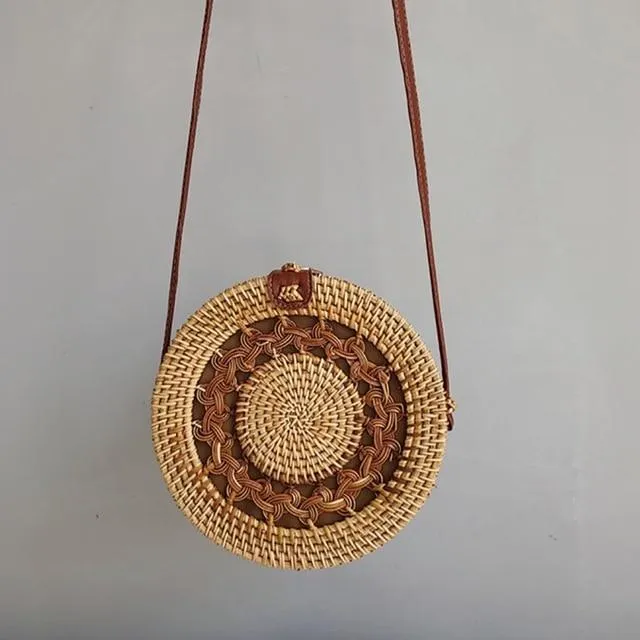 Round Straw Bag, Summer Style Women Bohemian Handbag Handmade Beach Circular Bag