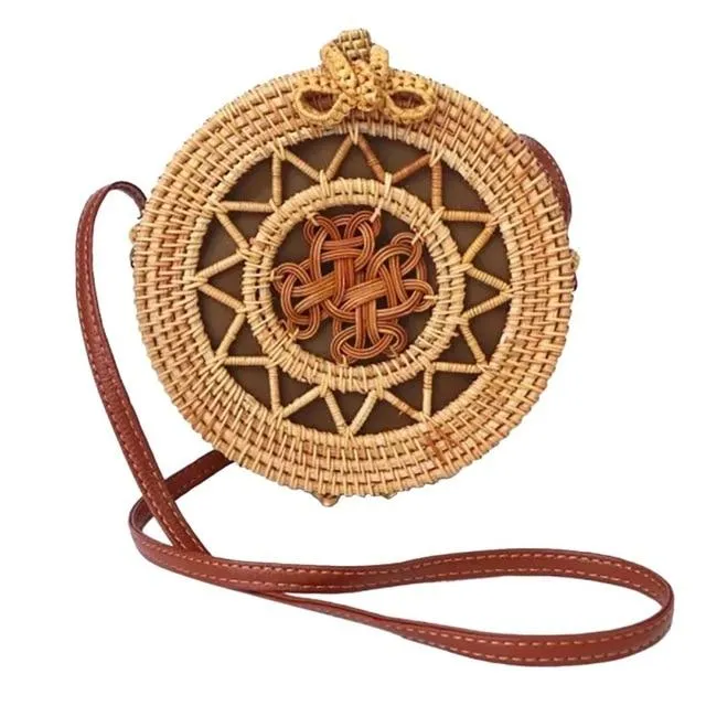 Round Straw Bag, Summer Style Women Bohemian Handbag Handmade Beach Circular Bag