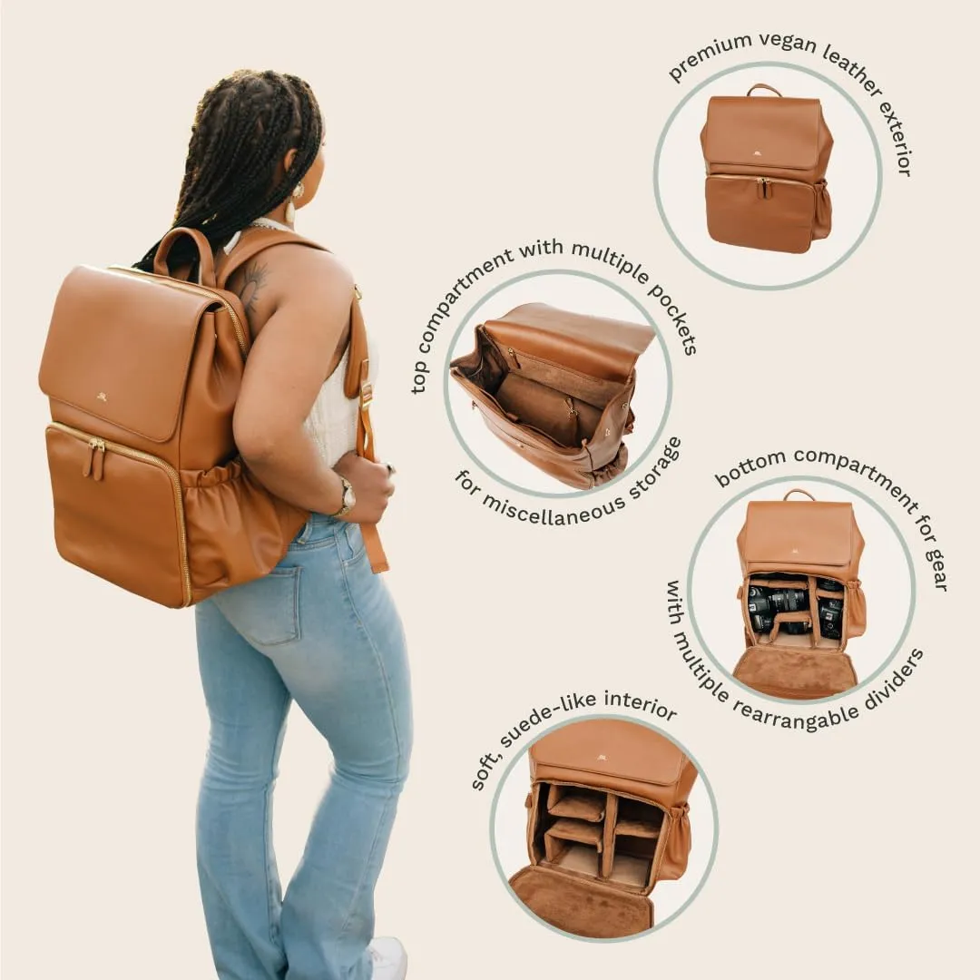 Ruby Camera Backpack – Sleek, Durable Vegan Leather Bag with Gear Dividers, Laptop Compartment, and Side Access for Cameras & Gear, Gray