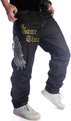 Ruiatoo Mens Jeans Fashion Skateboard Pants Snake Embroidery Baggy Jeans Hip Hop Denim Black Trousers