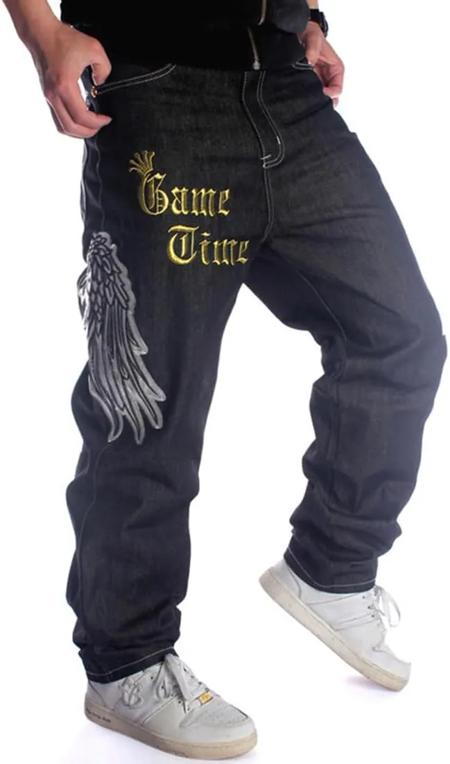 Ruiatoo Mens Jeans Fashion Skateboard Pants Snake Embroidery Baggy Jeans Hip Hop Denim Black Trousers