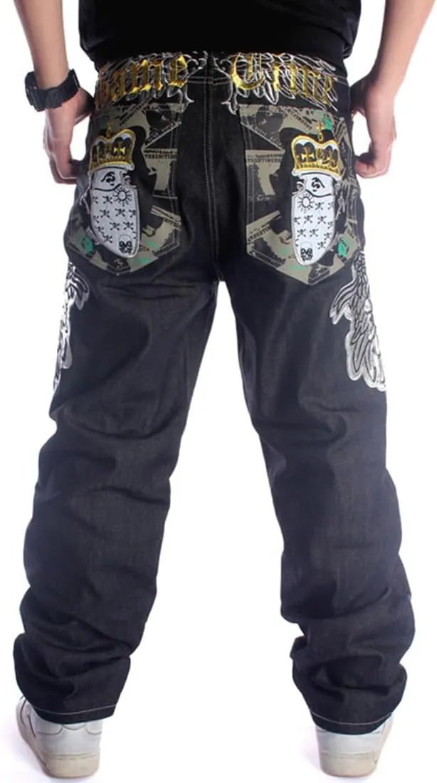 Ruiatoo Mens Jeans Fashion Skateboard Pants Snake Embroidery Baggy Jeans Hip Hop Denim Black Trousers