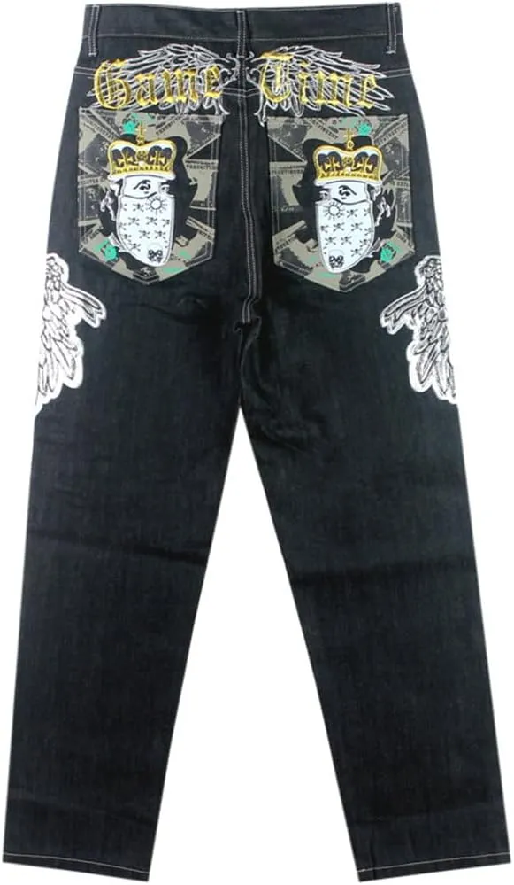 Ruiatoo Mens Jeans Fashion Skateboard Pants Snake Embroidery Baggy Jeans Hip Hop Denim Black Trousers