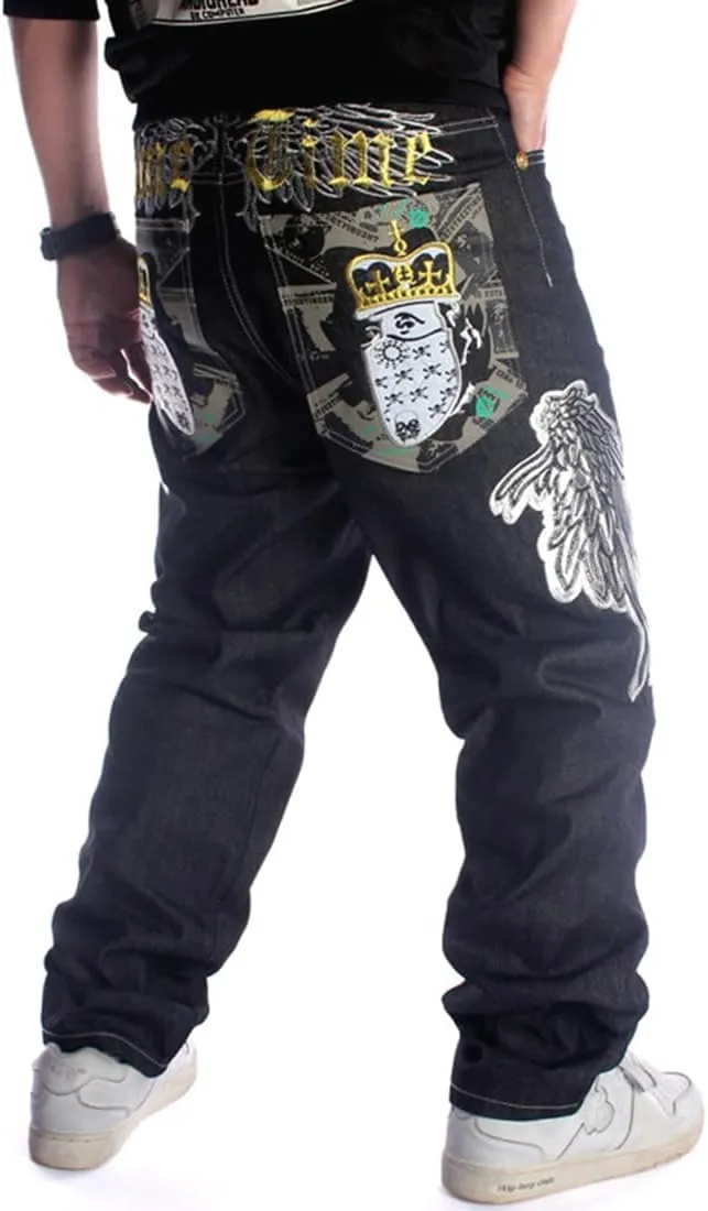 Ruiatoo Mens Jeans Fashion Skateboard Pants Snake Embroidery Baggy Jeans Hip Hop Denim Black Trousers