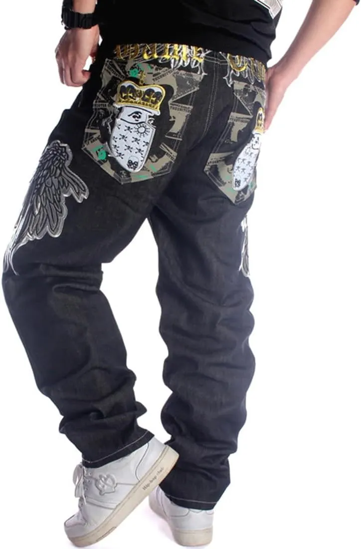 Ruiatoo Mens Jeans Fashion Skateboard Pants Snake Embroidery Baggy Jeans Hip Hop Denim Black Trousers