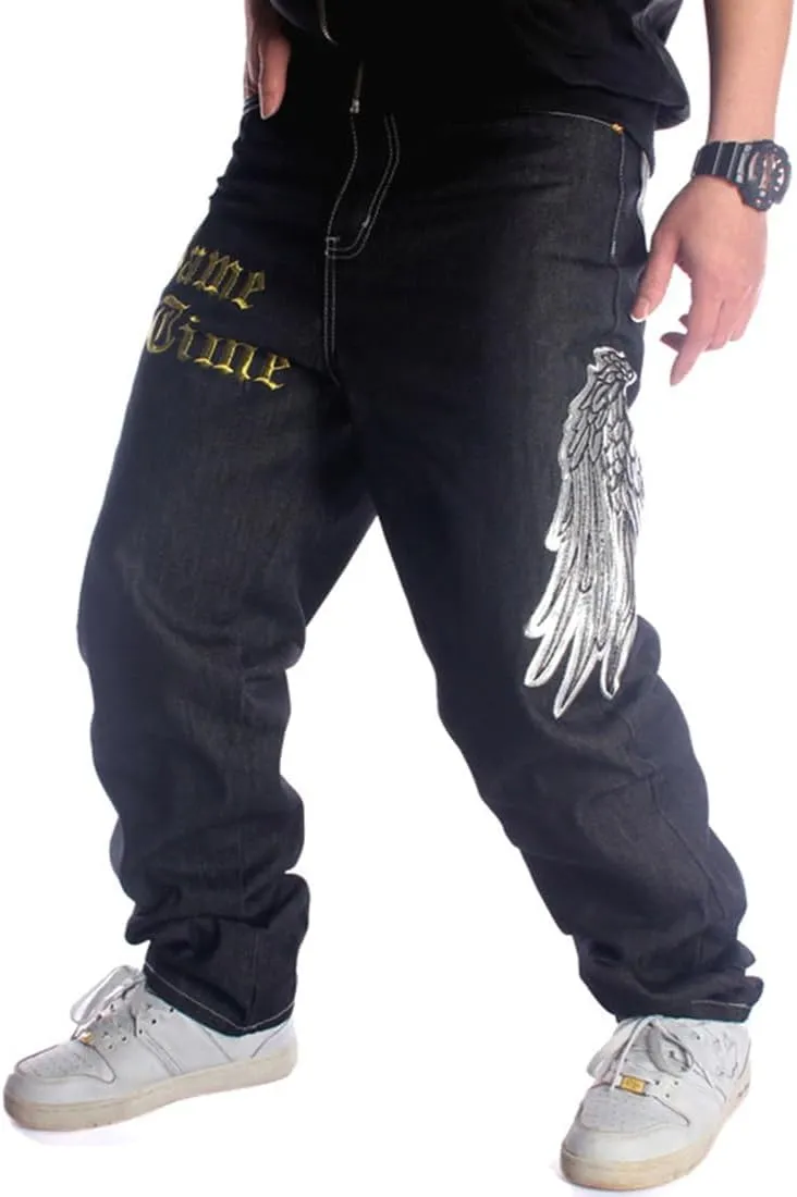 Ruiatoo Mens Jeans Fashion Skateboard Pants Snake Embroidery Baggy Jeans Hip Hop Denim Black Trousers
