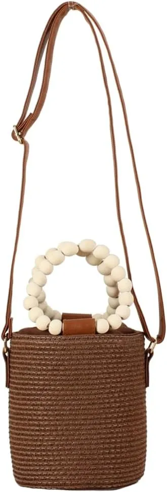 Rungion Womens Straw Bucket Purse Small Woven Crossbody Bag Summer Beach Shoulder Bags Casual Handbags with Drawstring