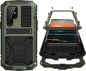 S23 Ultra Metal Case with Screen Protector Camera Cover Military Rugged Heavy Duty S23 Ultra Case Metal Kickstand Full Body Tough Dustproof Shockproof for S23 Ultra (Green)