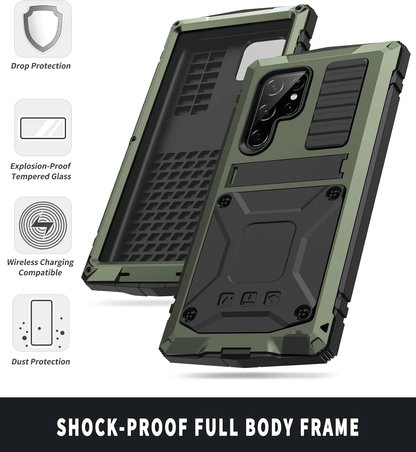 S23 Ultra Metal Case with Screen Protector Camera Cover Military Rugged Heavy Duty S23 Ultra Case Metal Kickstand Full Body Tough Dustproof Shockproof for S23 Ultra (Green)