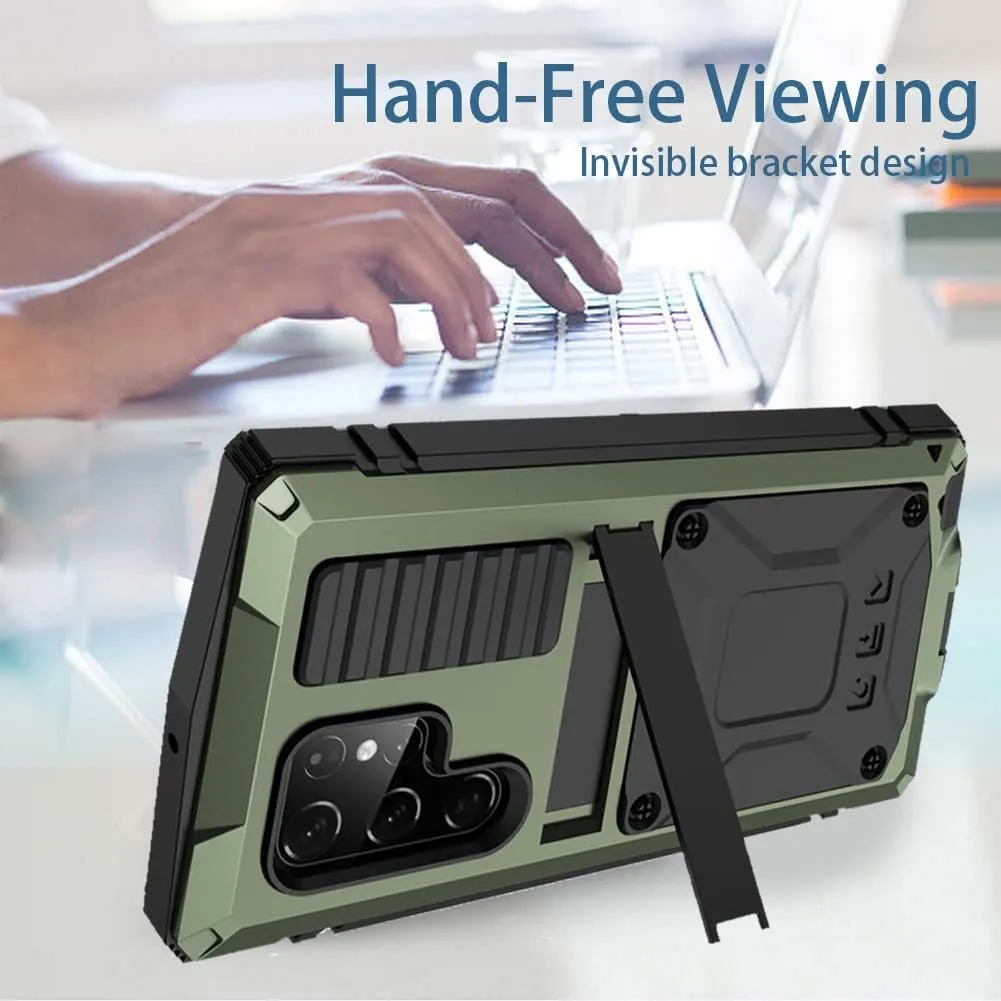 S23 Ultra Metal Case with Screen Protector Camera Cover Military Rugged Heavy Duty S23 Ultra Case Metal Kickstand Full Body Tough Dustproof Shockproof for S23 Ultra (Green)