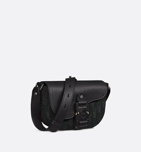 Saddle Pouch with Strap • Black Dior Oblique Jacquard and Grained Calfskin
