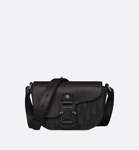 Saddle Pouch with Strap • Black Dior Oblique Jacquard and Grained Calfskin