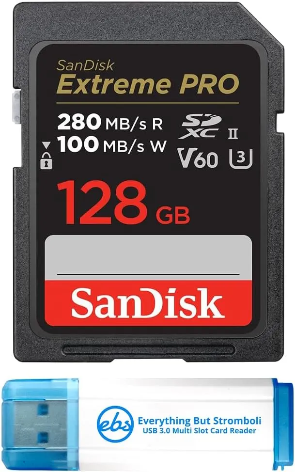SanDisk 128GB SD Extreme Pro UHS-II Memory Card Works with Sony A7S III, ZV-E1 Mirrorless Camera (SDSDXEP-128G-GN4IN) V60 U3 Bundle with (1) Everything But Stromboli 3.0 Micro & SDXC Card Reader