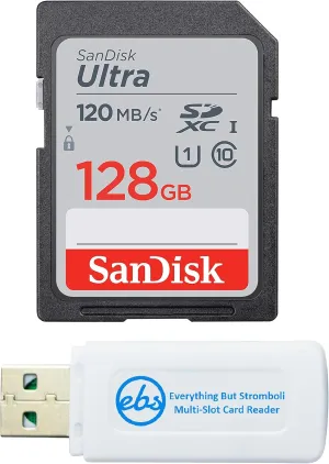 SanDisk 128GB SDXC SD Ultra Memory Card Class 10 Works with Sony Cyber-Shot DSC-H300, HX400 V, HX80 Digital Camera (SDSDUN4-128G-GN6IN) Bundle with (1) Everything But Stromboli Multi-Slot Card Reader