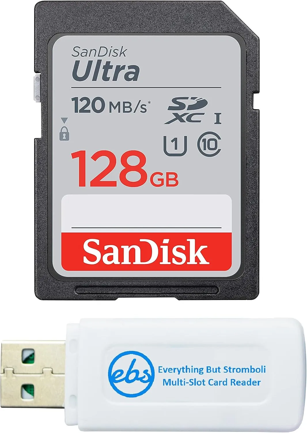 SanDisk 128GB SDXC SD Ultra Memory Card Class 10 Works with Sony Cyber-Shot DSC-H300, HX400 V, HX80 Digital Camera (SDSDUN4-128G-GN6IN) Bundle with (1) Everything But Stromboli Multi-Slot Card Reader