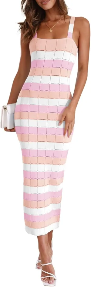 Saodimallsu Womens Striped Bodycon Midi Dress Sleeveless Square Neck Color Block Knit Summer Tank Dresses