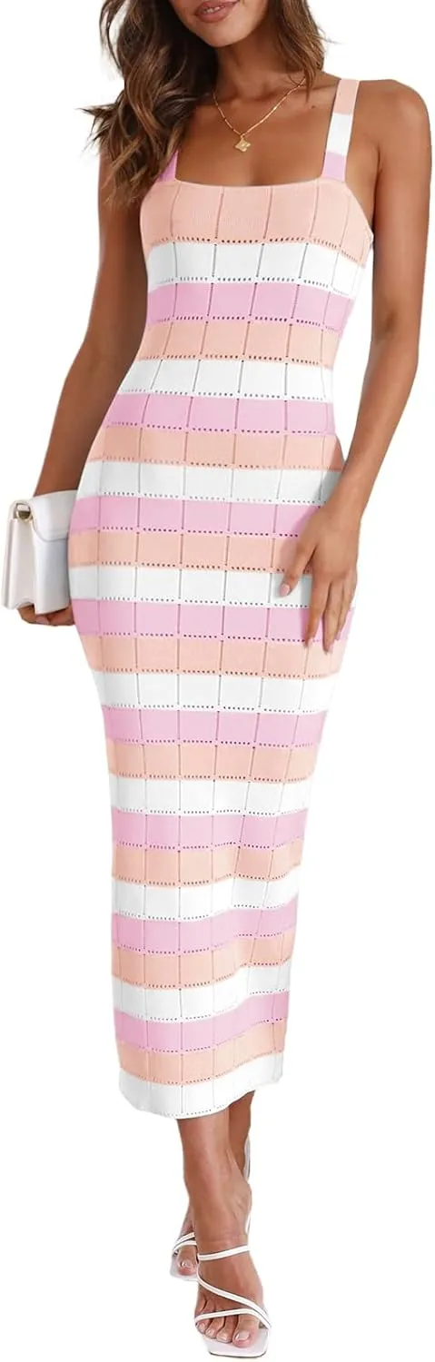 Saodimallsu Womens Striped Bodycon Midi Dress Sleeveless Square Neck Color Block Knit Summer Tank Dresses