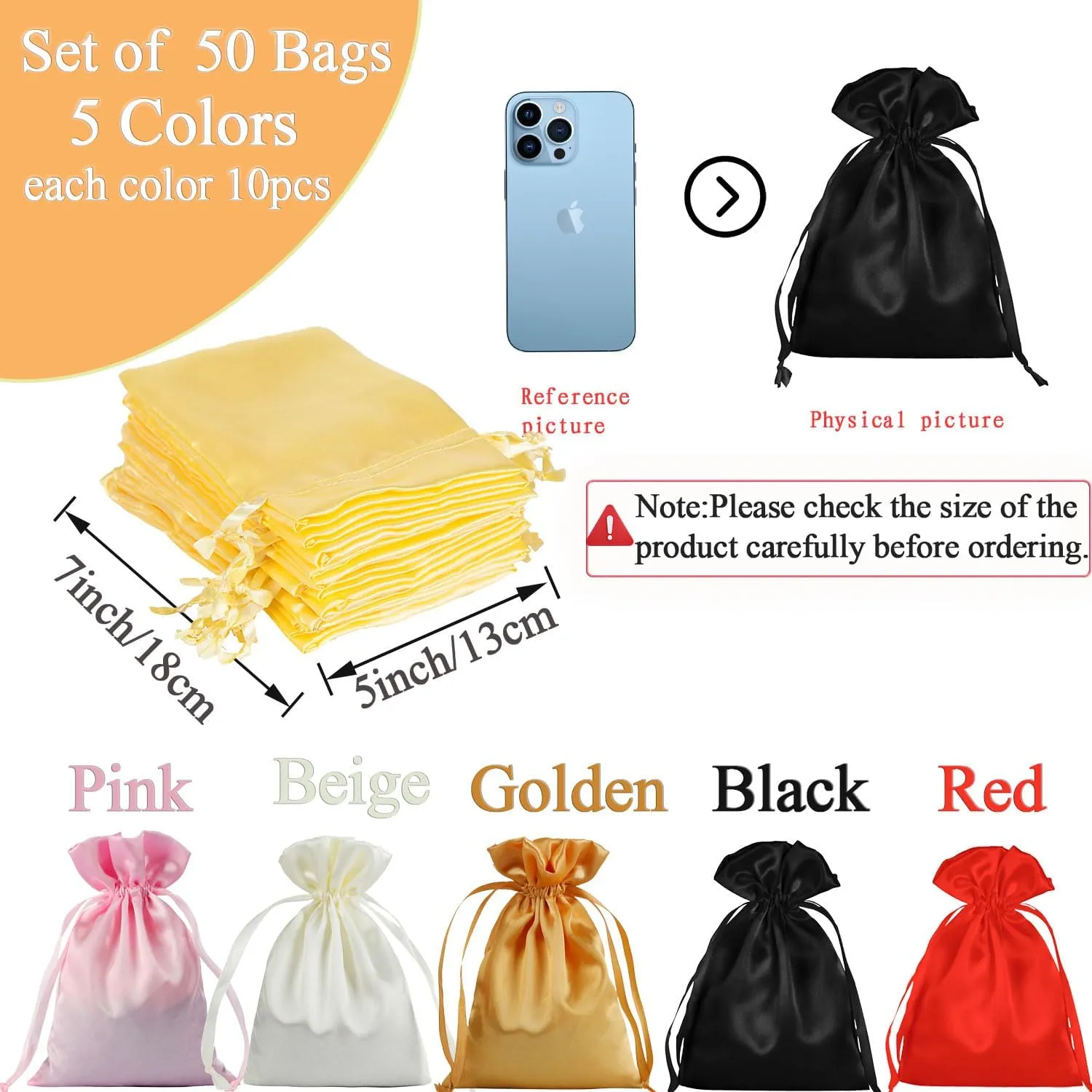 Satin Drawstring Bags, Multicolored Silk Gift Pouches, 50 Pieces Small Jewelry Wedding Favor Bags, 5x7 Inches