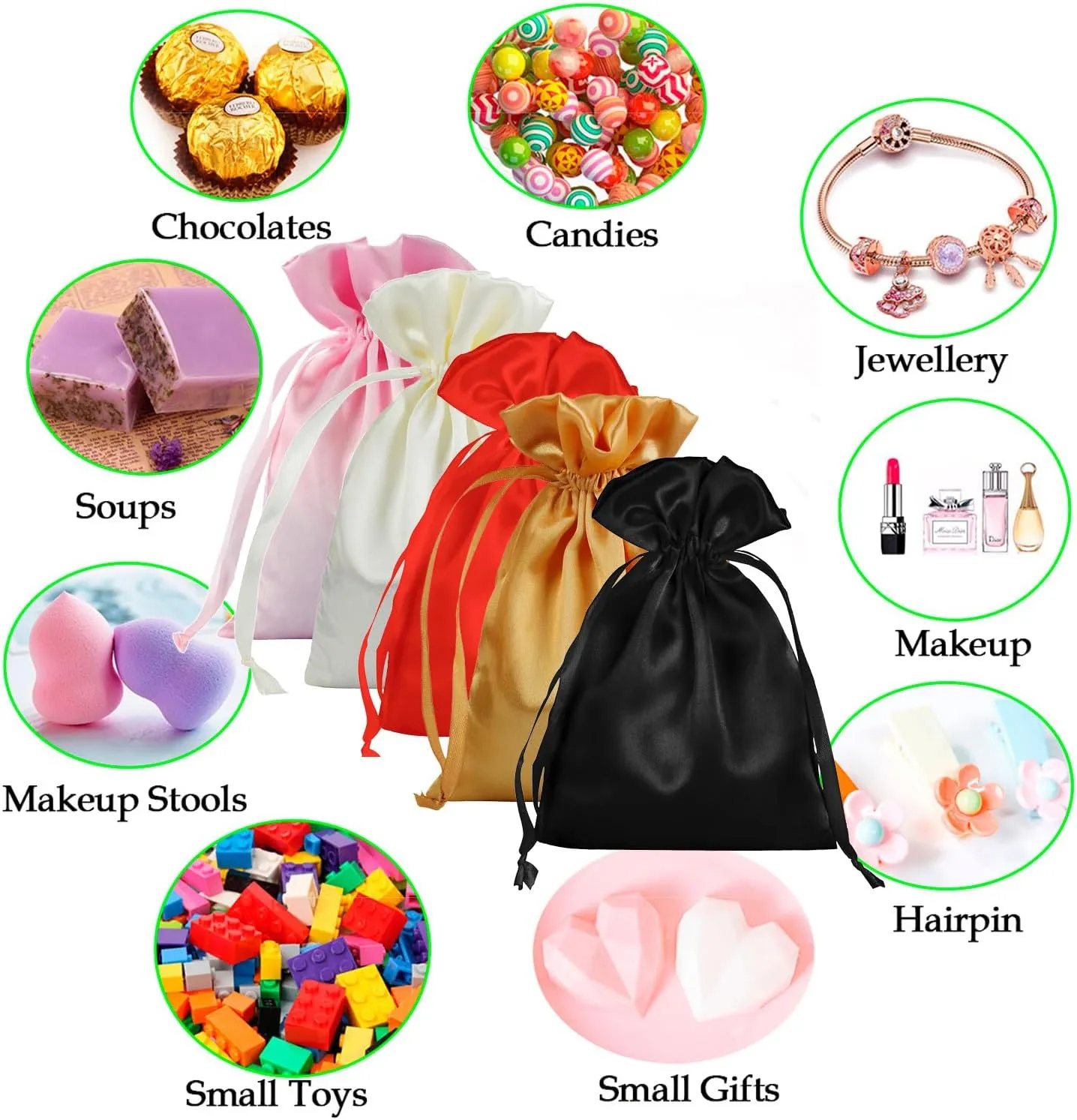 Satin Drawstring Bags, Multicolored Silk Gift Pouches, 50 Pieces Small Jewelry Wedding Favor Bags, 5x7 Inches