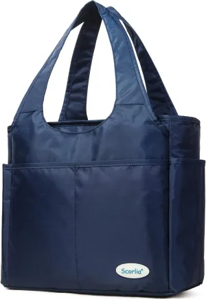 Scorlia Insulated Shoulder Bag, Extra Large Lunch Tote Handbag, Durable Reusable Cooler Ladies Lunch Box Bag with Side Pockets, Tall Drinks Holder for Women Men Work, Blue