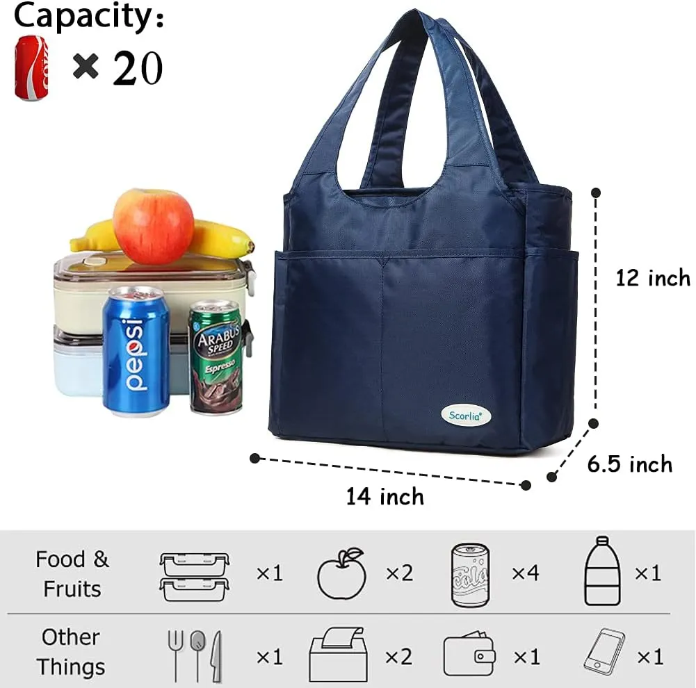 Scorlia Insulated Shoulder Bag, Extra Large Lunch Tote Handbag, Durable Reusable Cooler Ladies Lunch Box Bag with Side Pockets, Tall Drinks Holder for Women Men Work, Blue