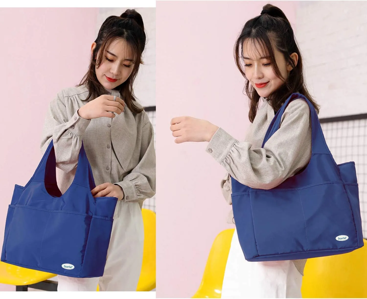 Scorlia Insulated Shoulder Bag, Extra Large Lunch Tote Handbag, Durable Reusable Cooler Ladies Lunch Box Bag with Side Pockets, Tall Drinks Holder for Women Men Work, Blue
