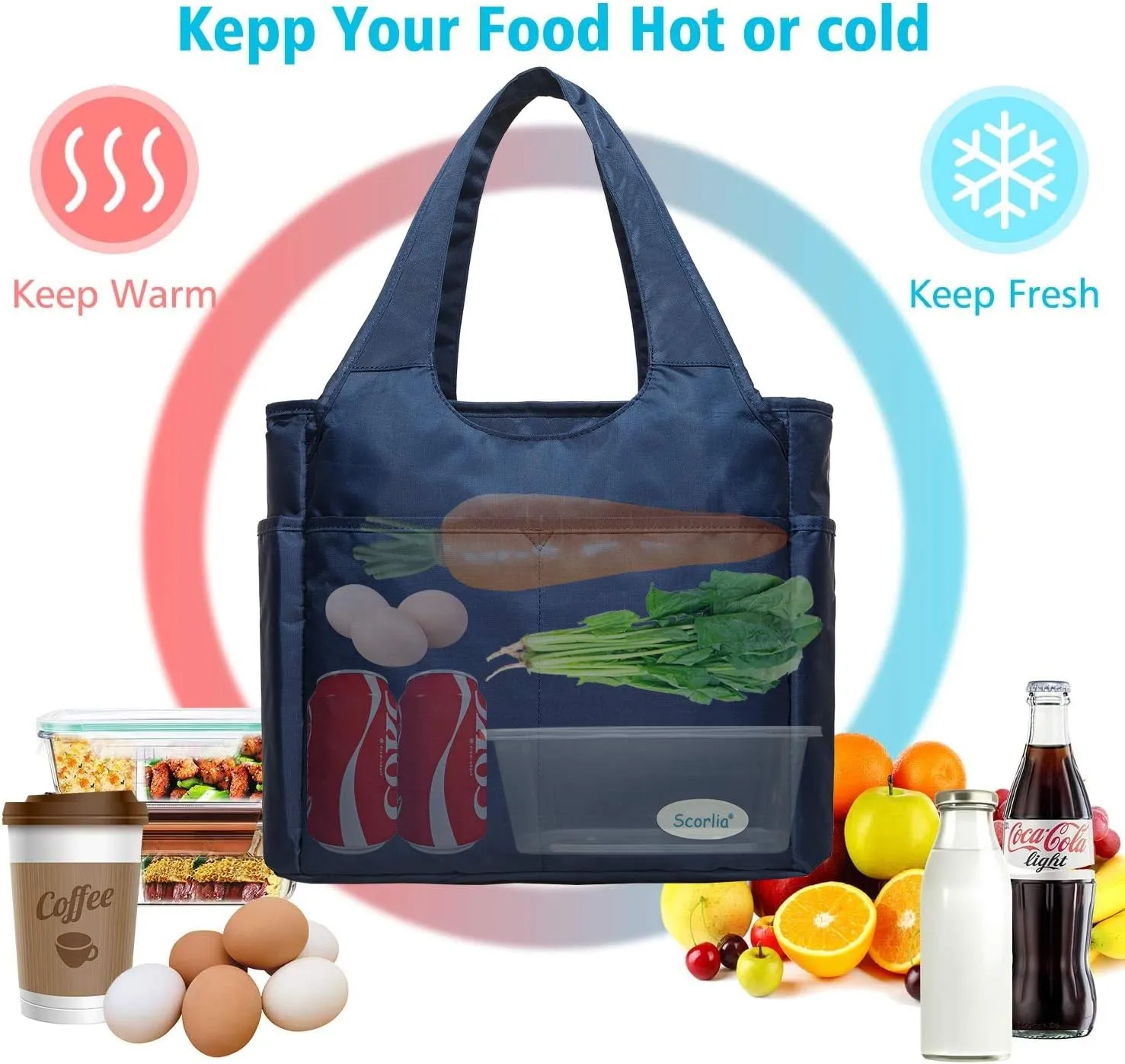 Scorlia Insulated Shoulder Bag, Extra Large Lunch Tote Handbag, Durable Reusable Cooler Ladies Lunch Box Bag with Side Pockets, Tall Drinks Holder for Women Men Work, Blue
