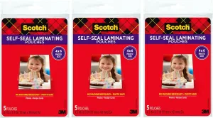 Scotch Self-Sealing Laminating Pouches, 4 x 6 Inches, 3-Pack of 5 Pouches – No Machine Needed, Clear, Photo Safe