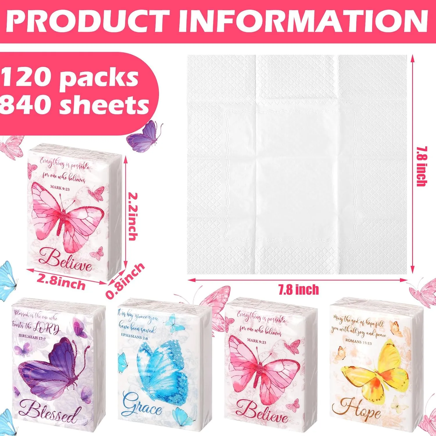 Seajan 120 Pack Christian Travel Tissues 3 Ply Bulk Bible Verse Pocket Tissues Travel Size Individual Christian Bulk Gift Pack for Wedding Party Homeless Gift(Butterfly)