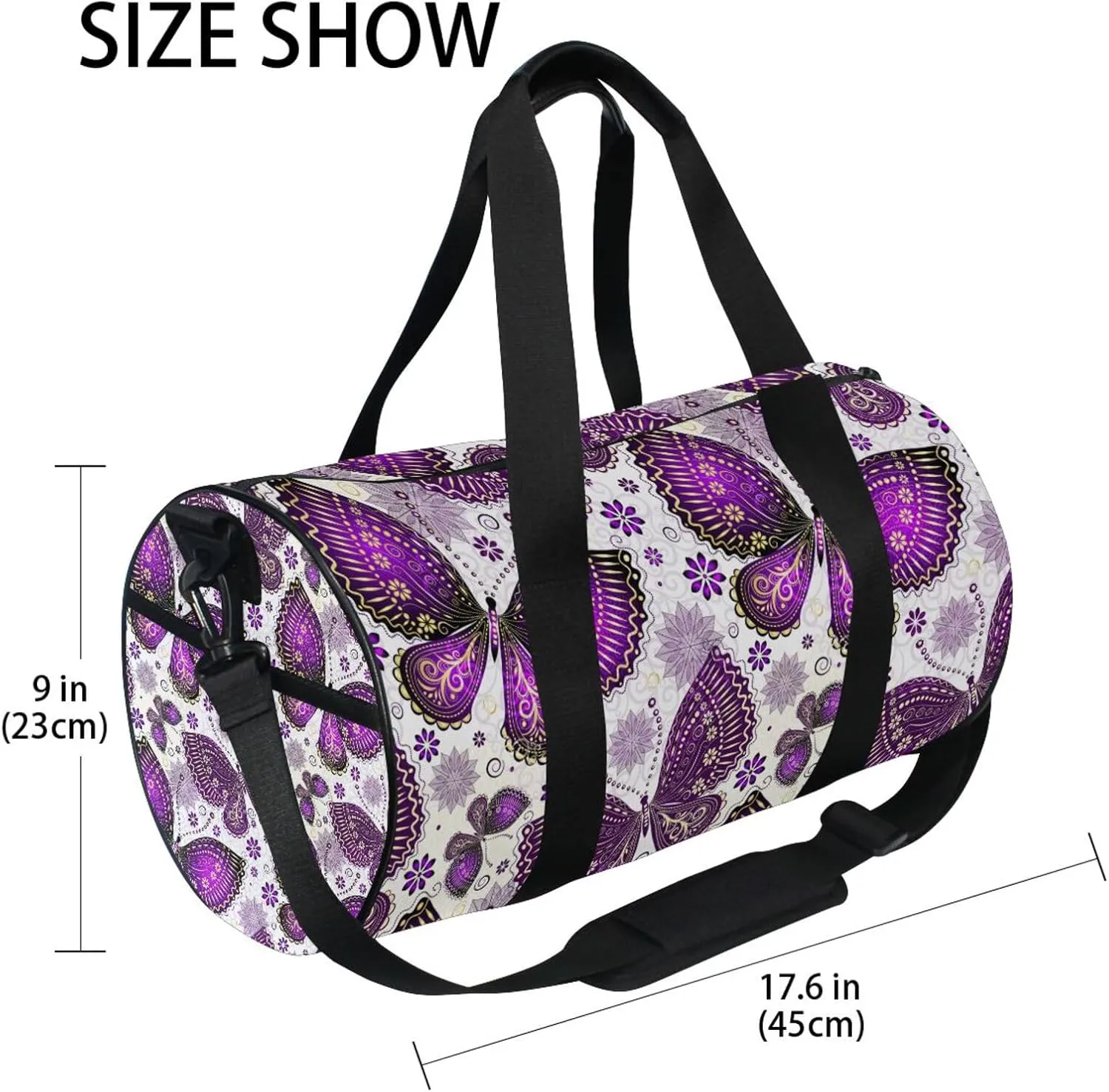 Seamless Purple Gold Butterflies and Floral Flowers on White Portable Gym Bag, Travel Bag, Luggage bag, Sports Bag, Toiletry Bag with Handles, Detachable Shoulder Strap 17.6 x 9 x 9 inch