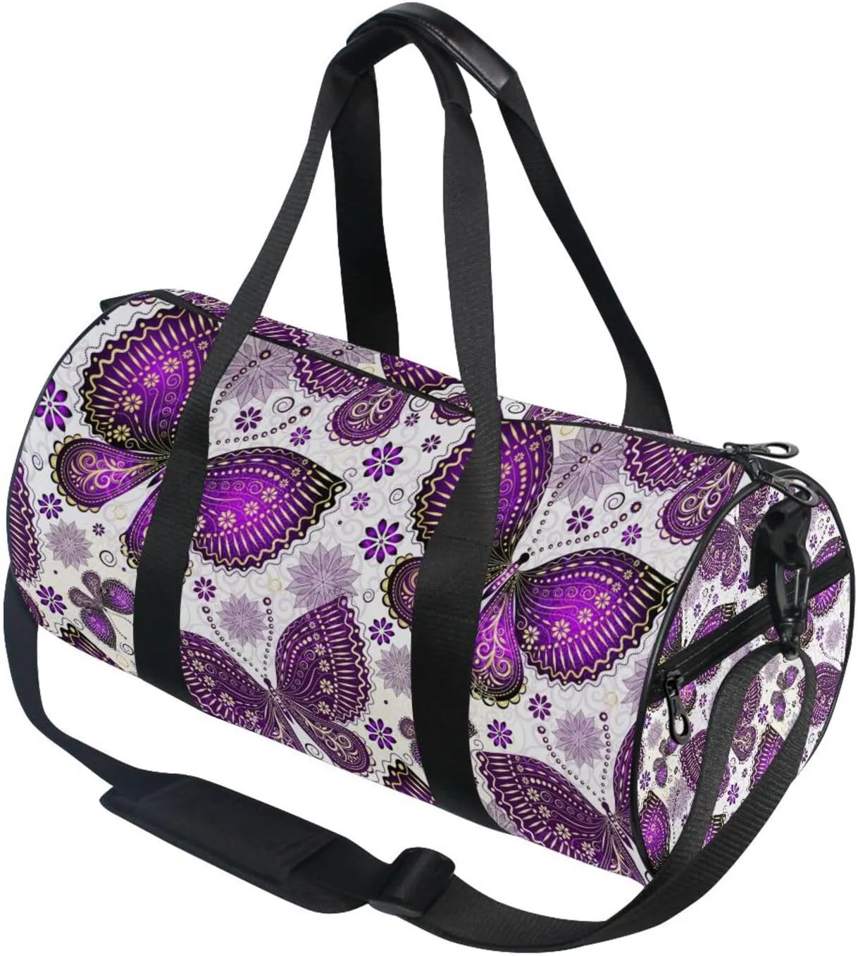 Seamless Purple Gold Butterflies and Floral Flowers on White Portable Gym Bag, Travel Bag, Luggage bag, Sports Bag, Toiletry Bag with Handles, Detachable Shoulder Strap 17.6 x 9 x 9 inch