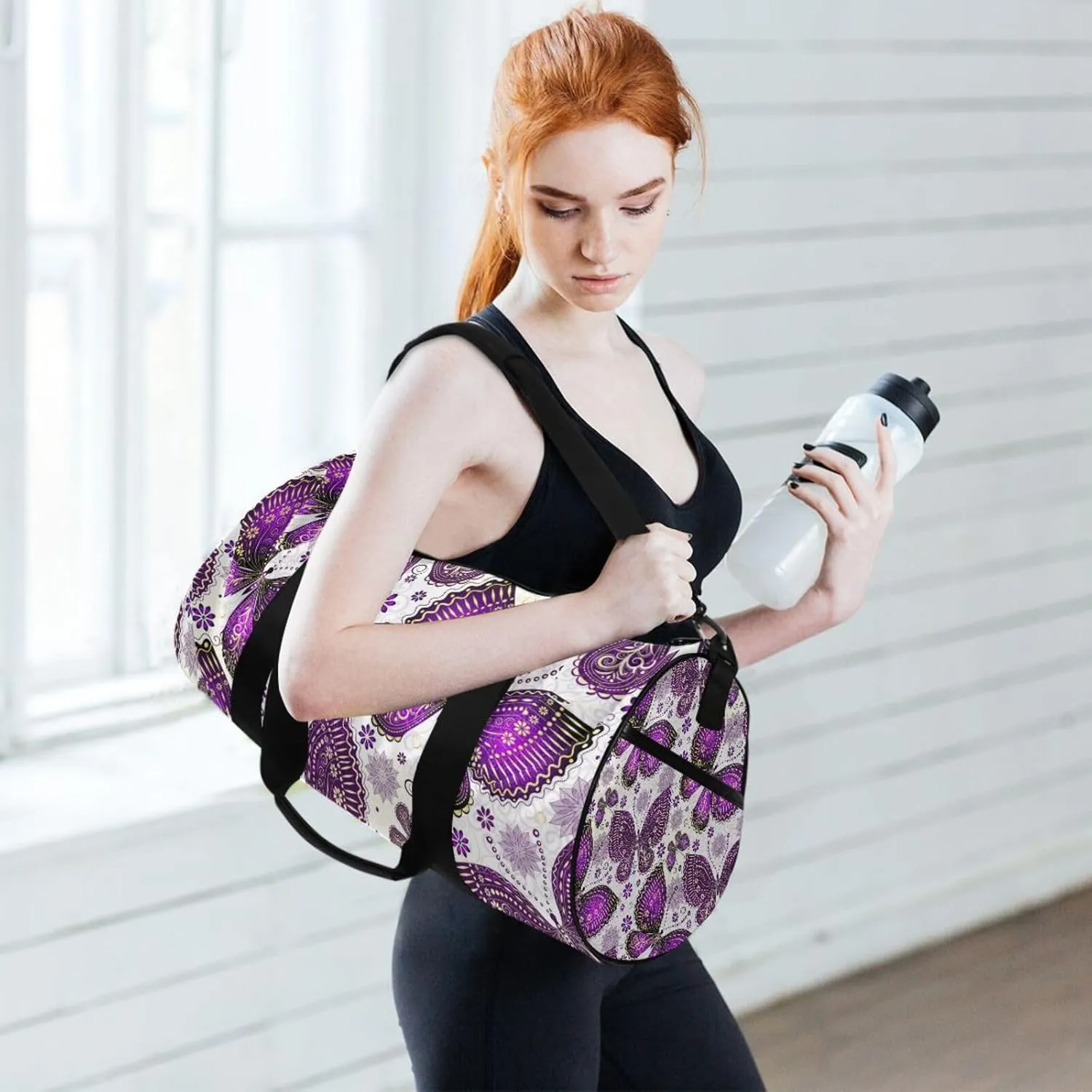 Seamless Purple Gold Butterflies and Floral Flowers on White Portable Gym Bag, Travel Bag, Luggage bag, Sports Bag, Toiletry Bag with Handles, Detachable Shoulder Strap 17.6 x 9 x 9 inch