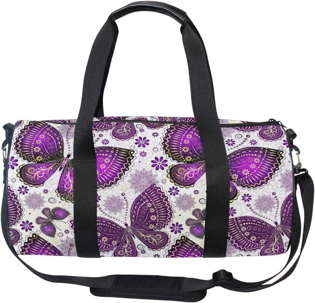 Seamless Purple Gold Butterflies and Floral Flowers on White Portable Gym Bag, Travel Bag, Luggage bag, Sports Bag, Toiletry Bag with Handles, Detachable Shoulder Strap 17.6 x 9 x 9 inch