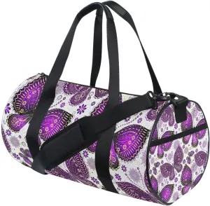 Seamless Purple Gold Butterflies and Floral Flowers on White Portable Gym Bag, Travel Bag, Luggage bag, Sports Bag, Toiletry Bag with Handles, Detachable Shoulder Strap 17.6 x 9 x 9 inch