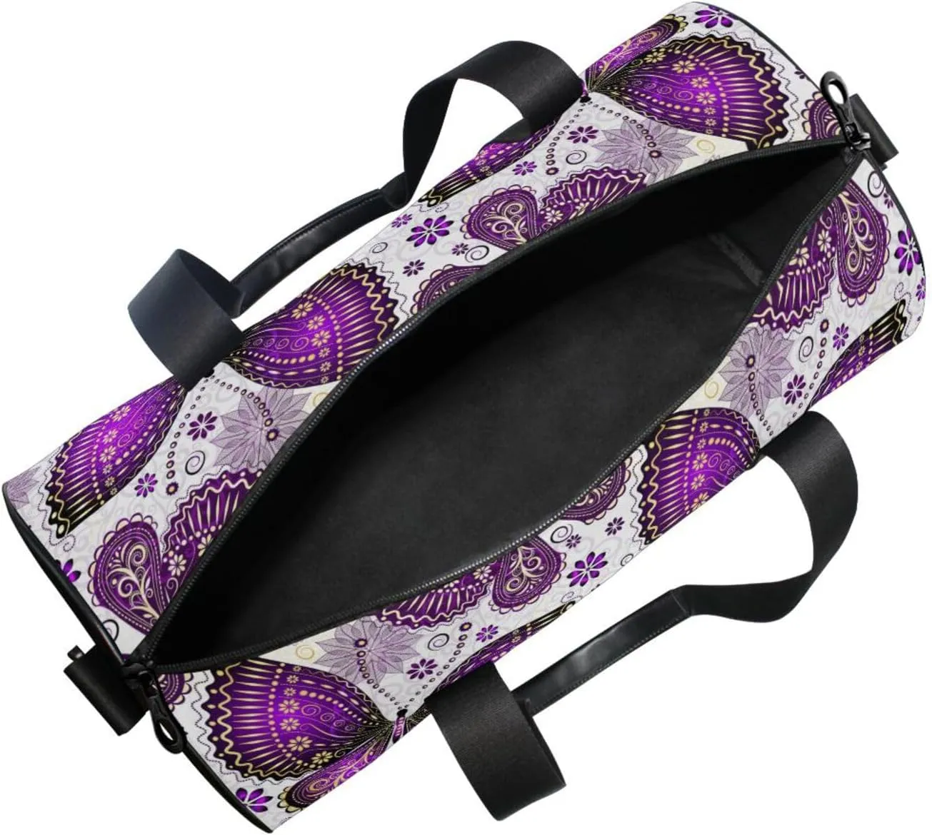 Seamless Purple Gold Butterflies and Floral Flowers on White Portable Gym Bag, Travel Bag, Luggage bag, Sports Bag, Toiletry Bag with Handles, Detachable Shoulder Strap 17.6 x 9 x 9 inch