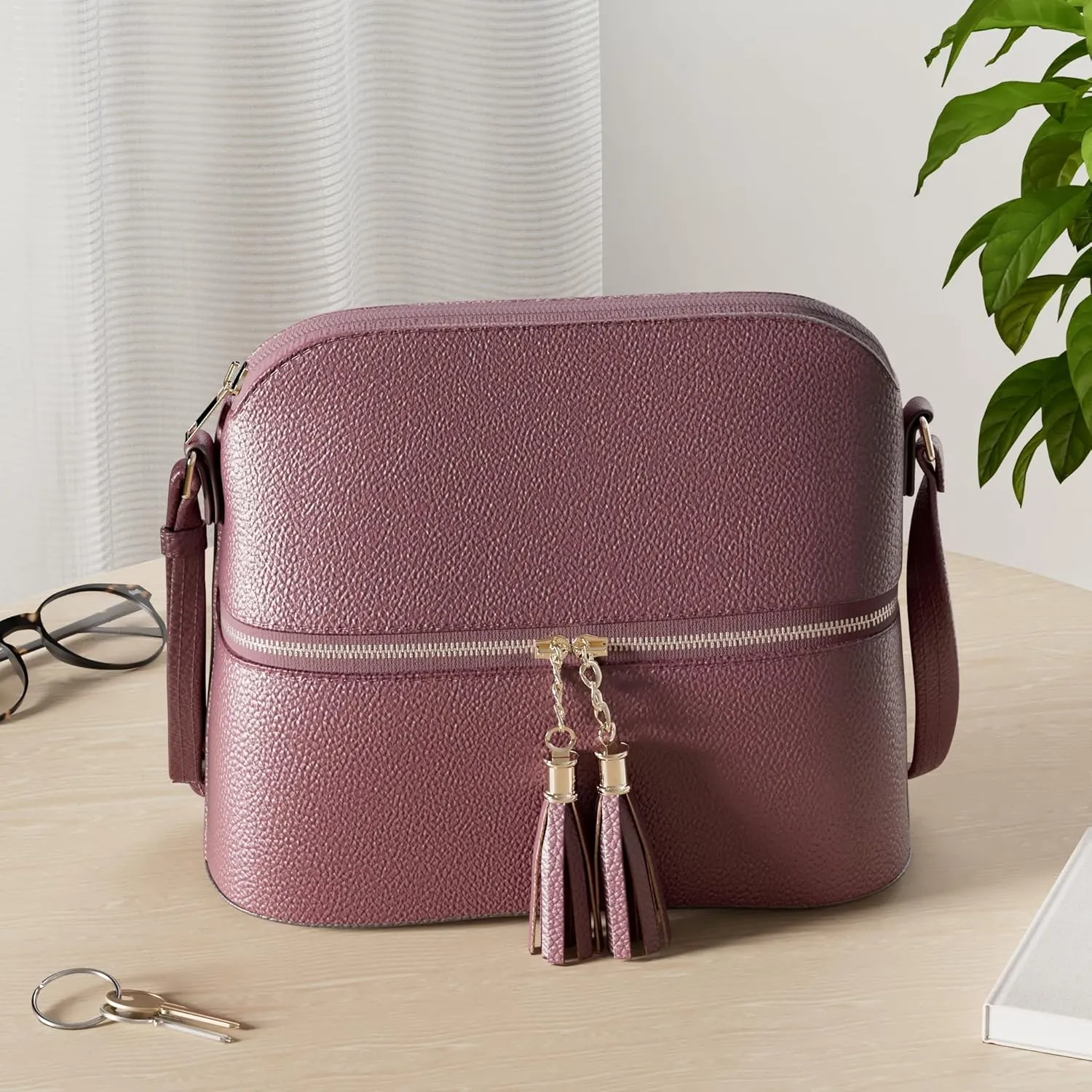 SG SUGU Lunar Lightweight Medium Dome Crossbody Bag Shoulder Bag with Tassel | Zipper Pocket | Adjustable Strap