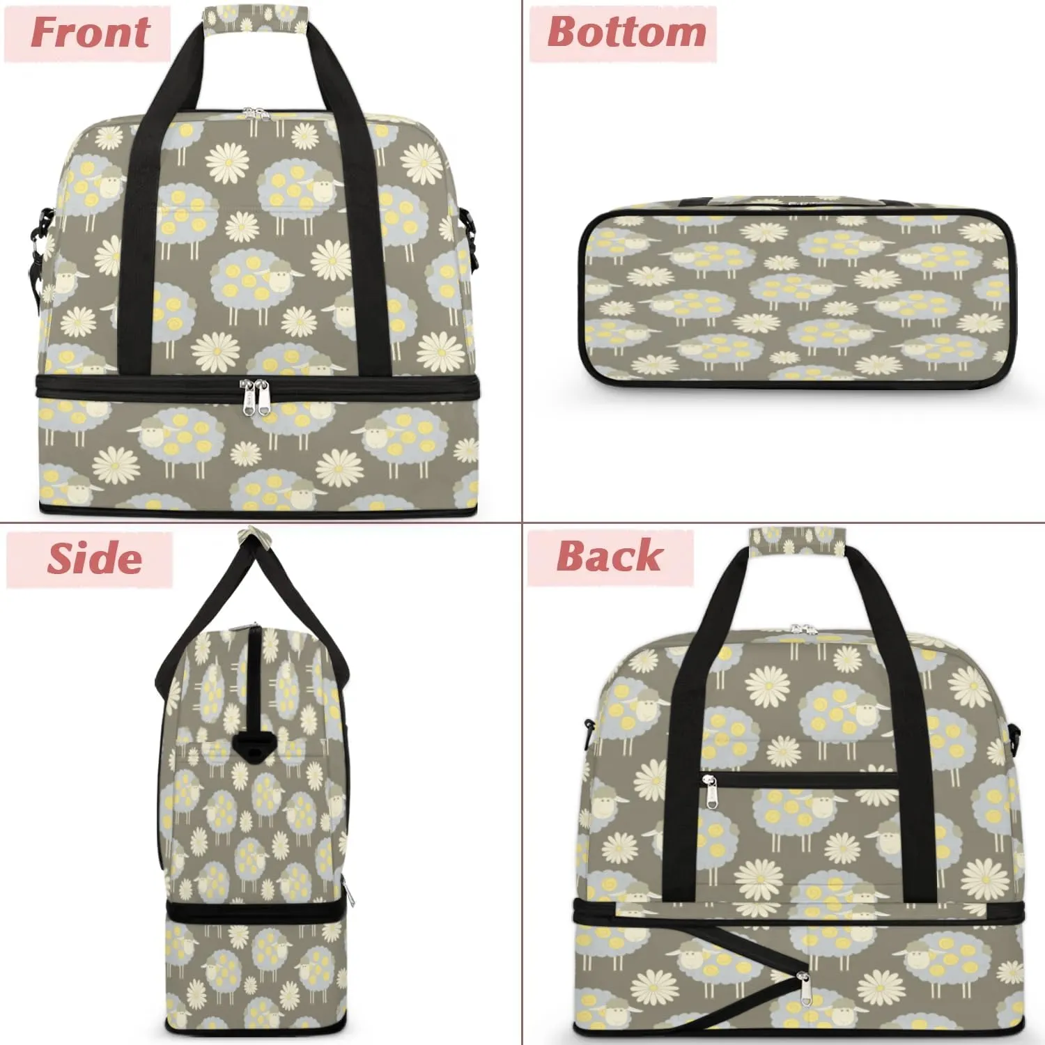 Sheep Daisy Sports Gym Bag with Shoes Compartment Foldable Travel Duffel Bag Dry Wet Separated Sports Tote Workout Weekender Overnight Bag for Women Yoga Dance Work Training Handbag
