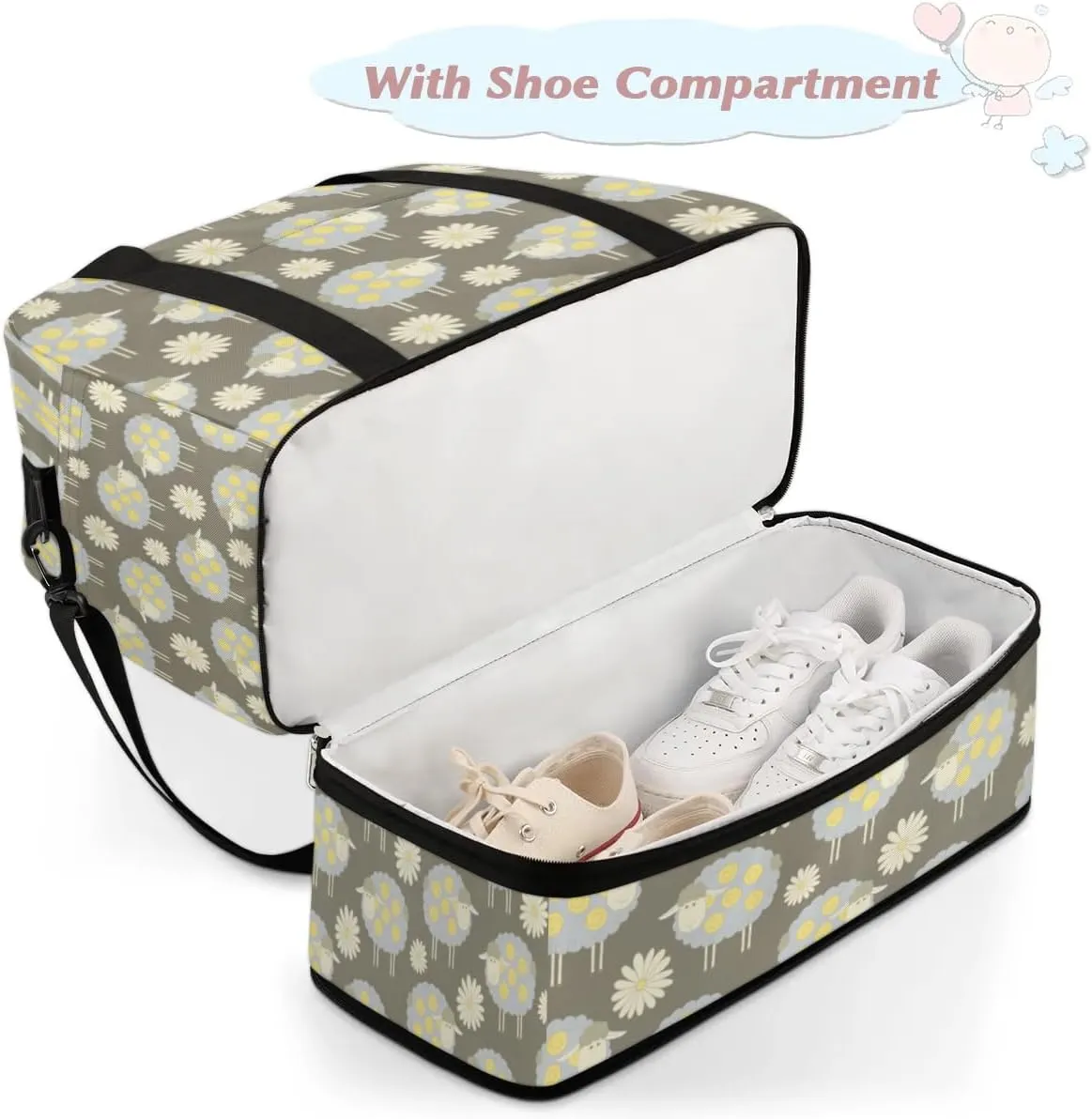 Sheep Daisy Sports Gym Bag with Shoes Compartment Foldable Travel Duffel Bag Dry Wet Separated Sports Tote Workout Weekender Overnight Bag for Women Yoga Dance Work Training Handbag