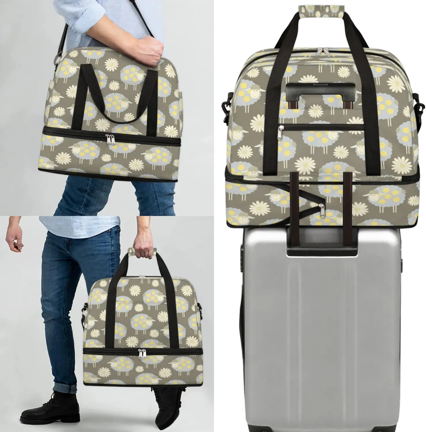 Sheep Daisy Sports Gym Bag with Shoes Compartment Foldable Travel Duffel Bag Dry Wet Separated Sports Tote Workout Weekender Overnight Bag for Women Yoga Dance Work Training Handbag