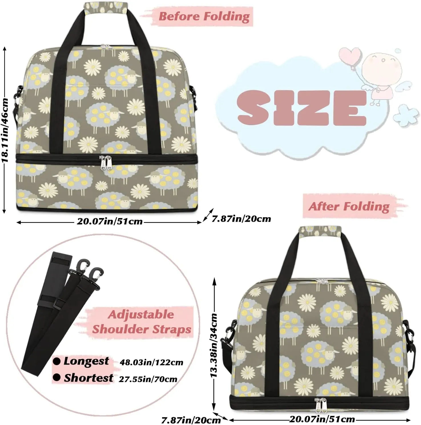 Sheep Daisy Sports Gym Bag with Shoes Compartment Foldable Travel Duffel Bag Dry Wet Separated Sports Tote Workout Weekender Overnight Bag for Women Yoga Dance Work Training Handbag