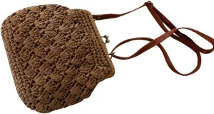 Shell Crochet Straw Woven Shoulder Bags With Vintage Brass Buckle Closed