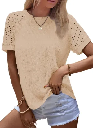 SHEWIN Women's Waffle Knit Tops Casual Crew Neck Hollow Out Raglan Short Sleeve Summer T-Shirts Blouses