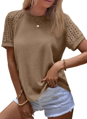 SHEWIN Women's Waffle Knit Tops Casual Crew Neck Hollow Out Raglan Short Sleeve Summer T-Shirts Blouses