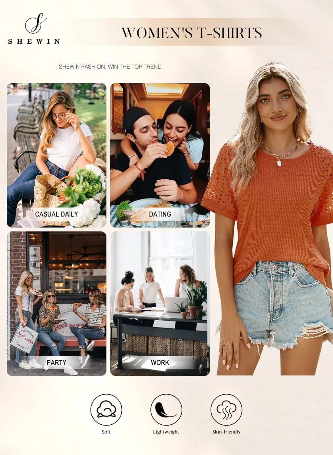 SHEWIN Women's Waffle Knit Tops Casual Crew Neck Hollow Out Raglan Short Sleeve Summer T-Shirts Blouses