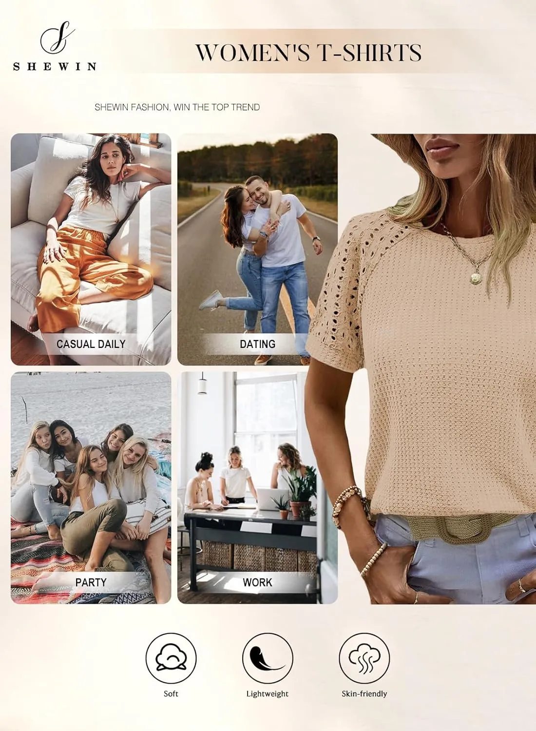 SHEWIN Women's Waffle Knit Tops Casual Crew Neck Hollow Out Raglan Short Sleeve Summer T-Shirts Blouses