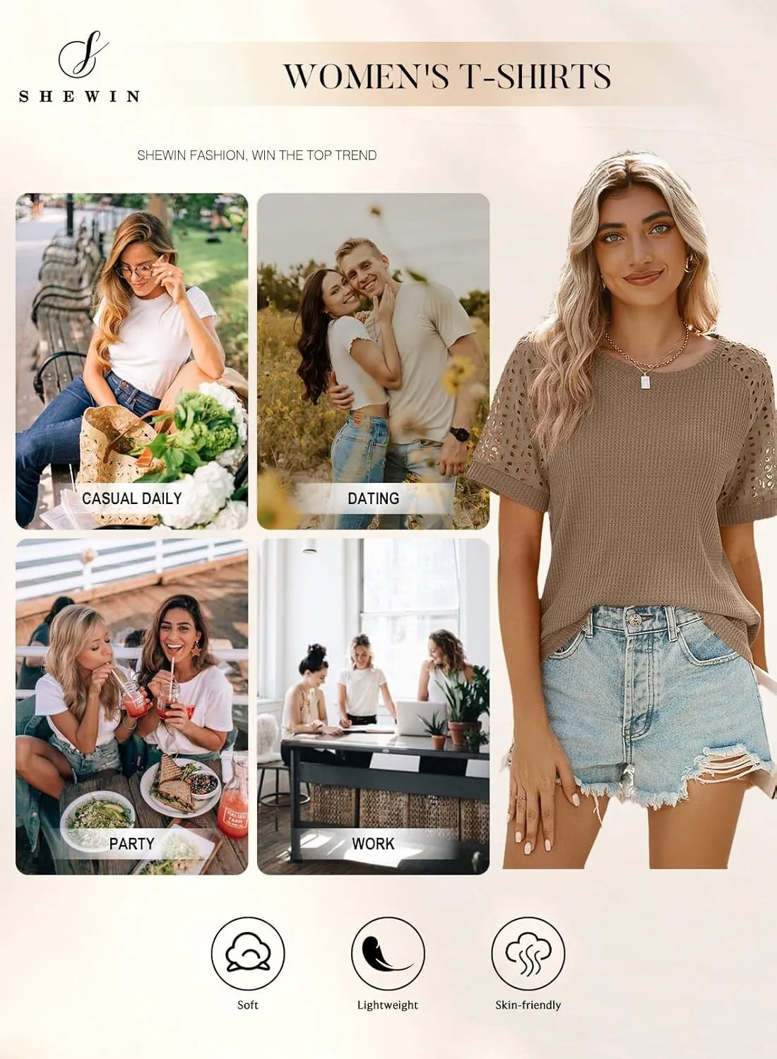 SHEWIN Women's Waffle Knit Tops Casual Crew Neck Hollow Out Raglan Short Sleeve Summer T-Shirts Blouses